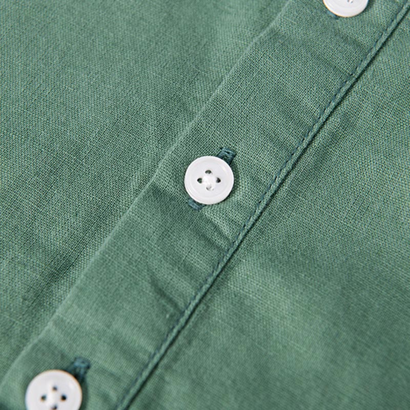 Camicia da uomo in cotone e lino a maniche corte con toppa semplice e design abbinato ai colori, motivo Buddha Stones Daily - image 7