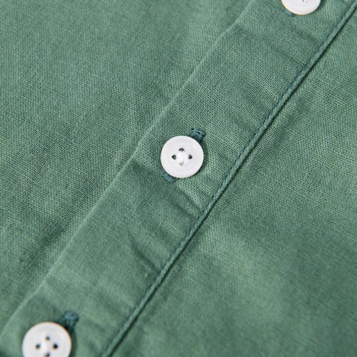 Camicia da uomo in cotone e lino a maniche corte con toppa semplice e design abbinato ai colori, motivo Buddha Stones Daily - image 7