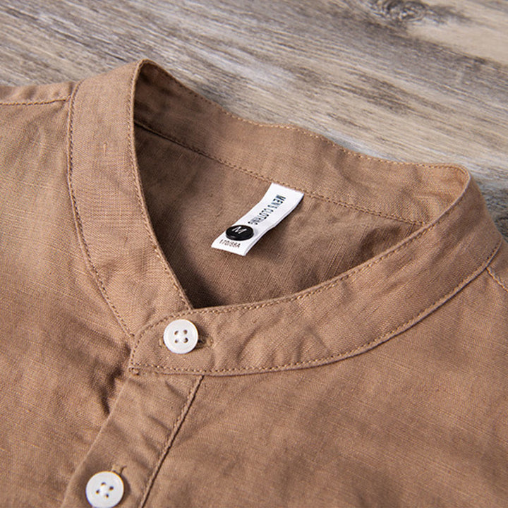 Camicia da uomo in cotone e lino a maniche corte con toppa semplice e design abbinato ai colori, motivo Buddha Stones Daily - image 10