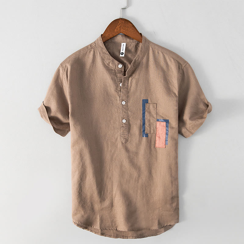 Camicia da uomo in cotone e lino a maniche corte con toppa semplice e design abbinato ai colori, motivo Buddha Stones Daily - Perù - US/UK/AU42, EU52 (3XL) - image 9