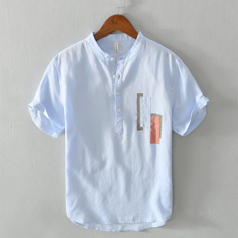 Camicia da uomo in cotone e lino a maniche corte con toppa semplice e design abbinato ai colori, motivo Buddha Stones Daily - Azzurro cielo chiaro - US/UK/AU42, EU52 (3XL) - image 8