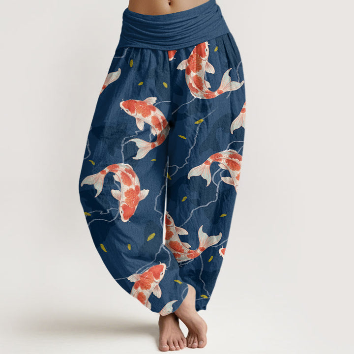 Pantaloni harem da donna con elastico in vita e motivo a pesce koi rosso e bianco con Buddha Stones - SteelBlue - US22, UK/AU26, EU54 (6XL) - image 1