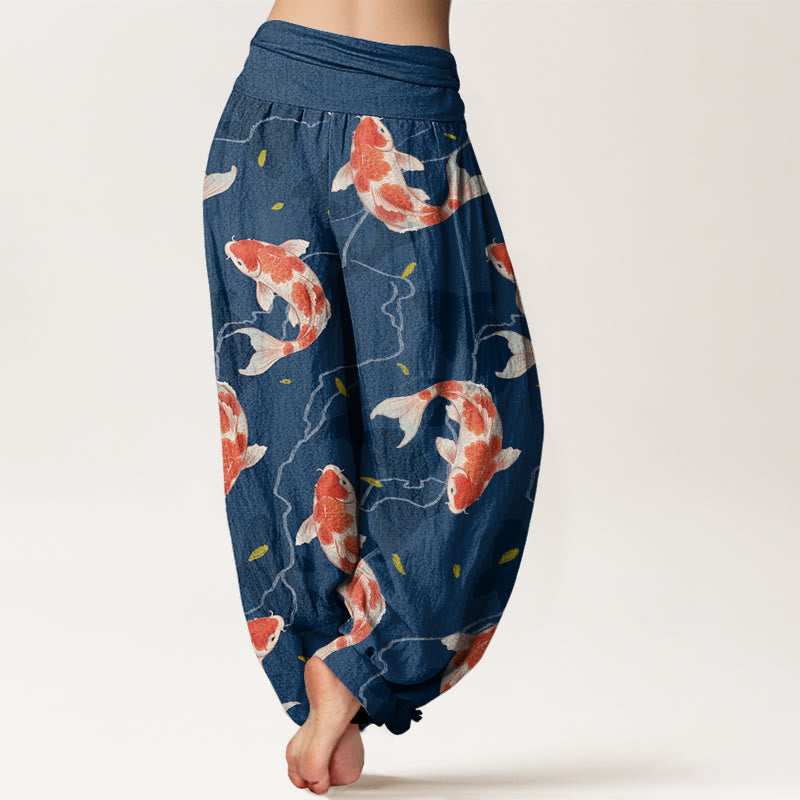 Pantaloni harem da donna con elastico in vita e motivo a pesce koi rosso e bianco con Buddha Stones - image 2