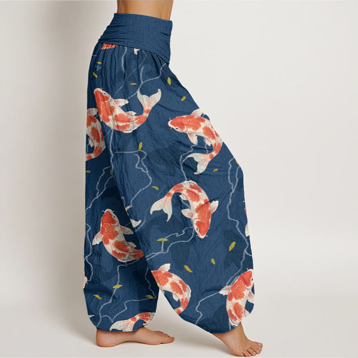 Pantaloni harem da donna con elastico in vita e motivo a pesce koi rosso e bianco con Buddha Stones - image 3