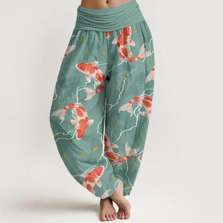 Pantaloni harem da donna con elastico in vita e motivo a pesce koi rosso e bianco con Buddha Stones - Turchese medio - US22, UK/AU26, EU54 (6XL) - image 5