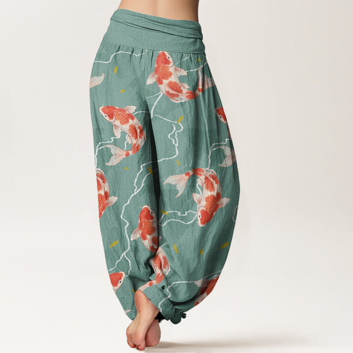 Pantaloni harem da donna con elastico in vita e motivo a pesce koi rosso e bianco con Buddha Stones - image 6