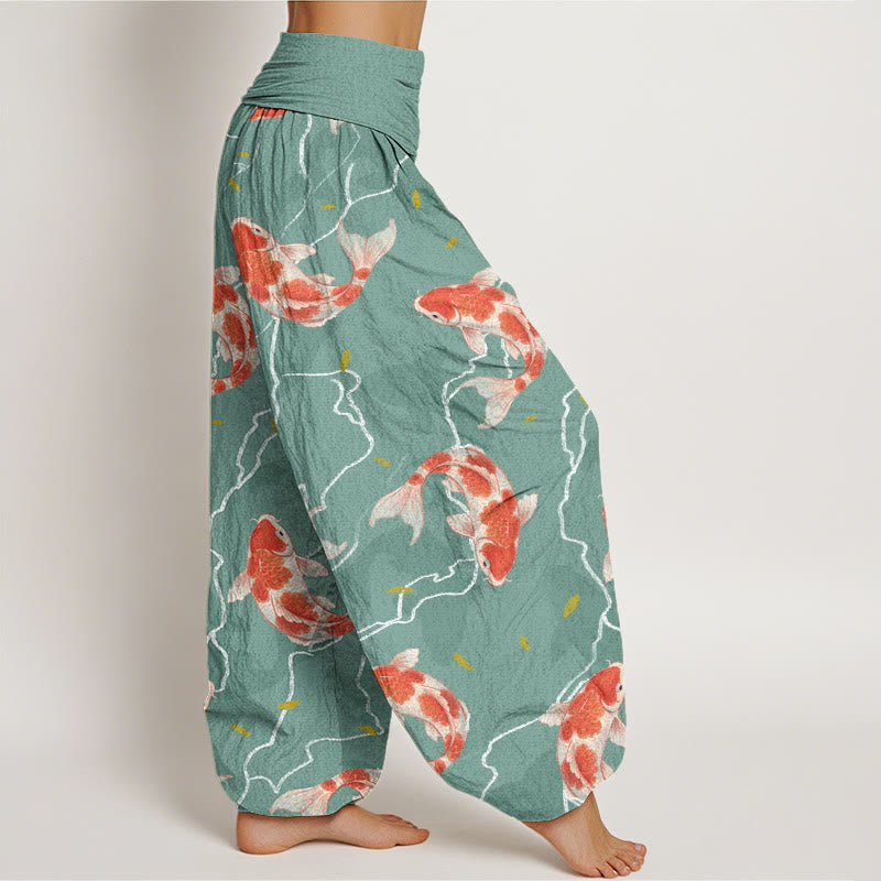 Pantaloni harem da donna con elastico in vita e motivo a pesce koi rosso e bianco con Buddha Stones - image 7