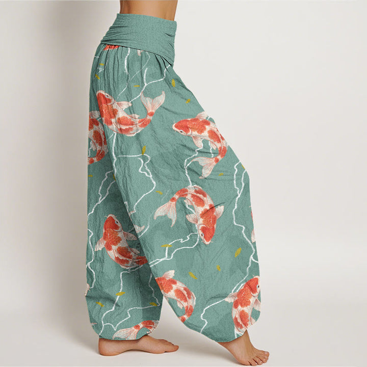 Pantaloni harem da donna con elastico in vita e motivo a pesce koi rosso e bianco con Buddha Stones - image 6