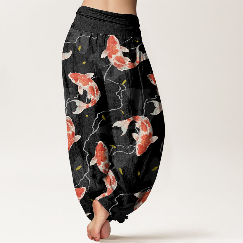 Pantaloni harem da donna con elastico in vita e motivo a pesce koi rosso e bianco con Buddha Stones - image 9