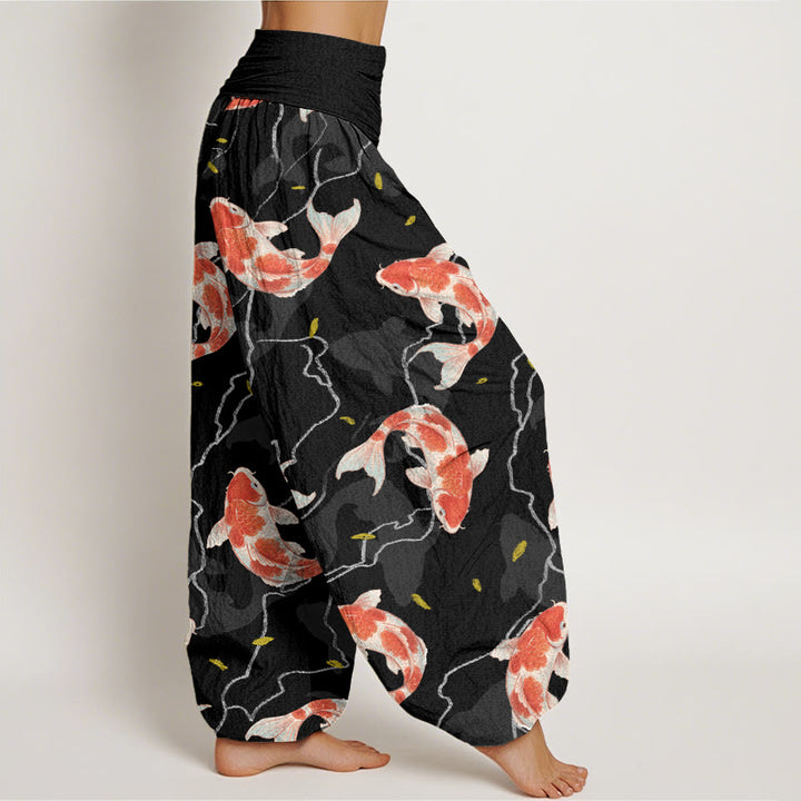 Pantaloni harem da donna con elastico in vita e motivo a pesce koi rosso e bianco con Buddha Stones - image 9