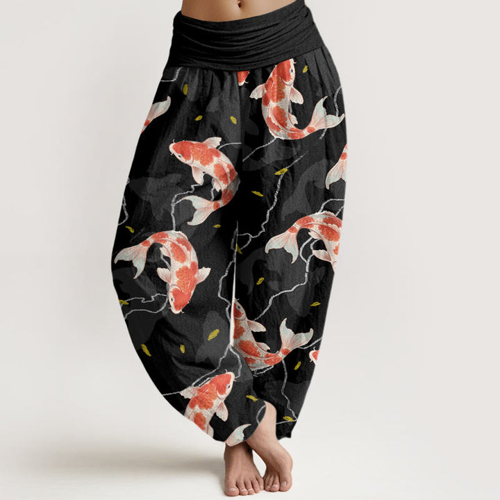 Pantaloni harem da donna con elastico in vita e motivo a pesce koi rosso e bianco con Buddha Stones - Nero - US22, UK/AU26, EU54 (6XL) - image 8