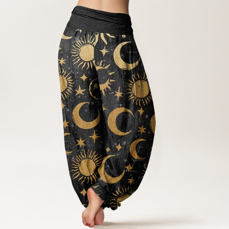 Pantaloni harem da donna con elastico in vita, in cotone, con motivo a mezzaluna, sole e stelle, motivo Buddha Stones - image 1
