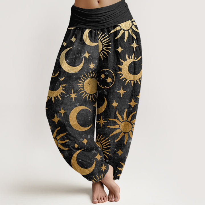Pantaloni harem da donna con elastico in vita, in cotone, con motivo a mezzaluna, sole e stelle, motivo Buddha Stones - Nero - US22, UK/AU26, EU54 (6XL) - image 0
