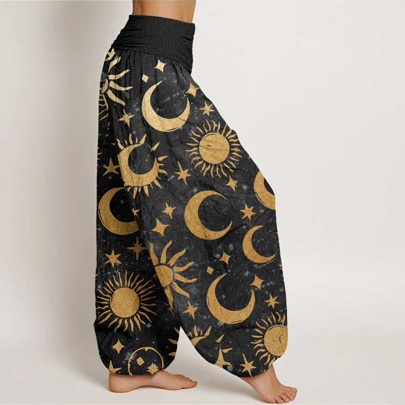 Pantaloni harem da donna con elastico in vita, in cotone, con motivo a mezzaluna, sole e stelle, motivo Buddha Stones - image 2