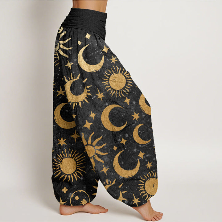 Pantaloni harem da donna con elastico in vita, in cotone, con motivo a mezzaluna, sole e stelle, motivo Buddha Stones - image 2