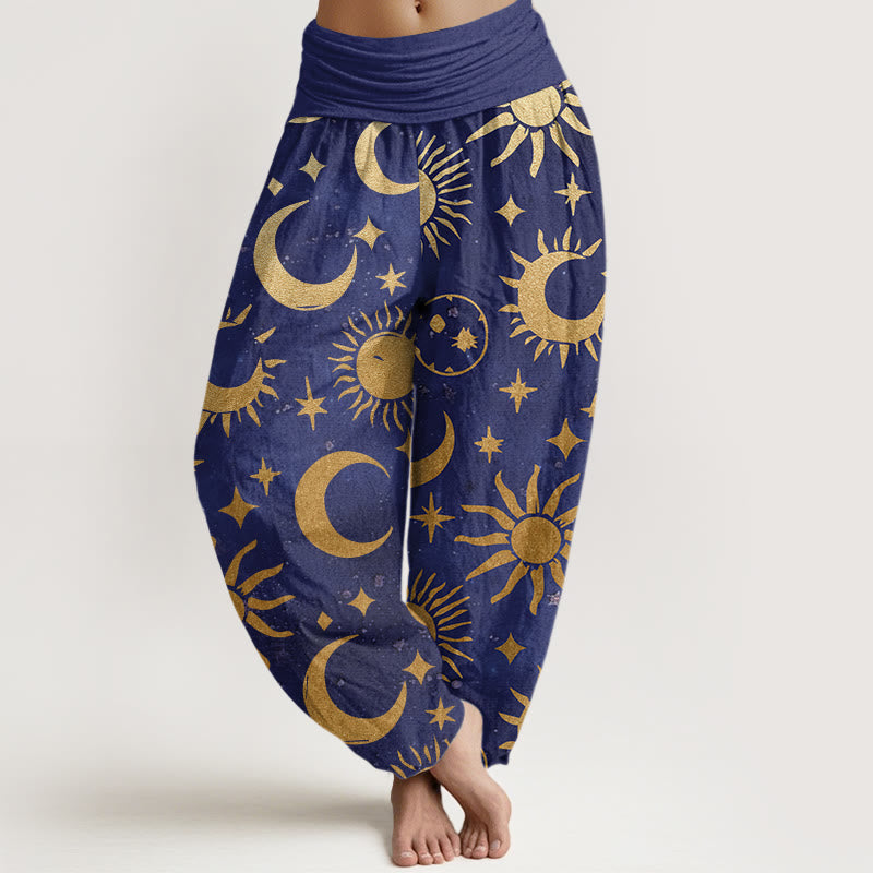 Pantaloni harem da donna con elastico in vita, in cotone, con motivo a mezzaluna, sole e stelle, motivo Buddha Stones - Blu Ardesia - US22, UK/AU26, EU54 (6XL) - image 4