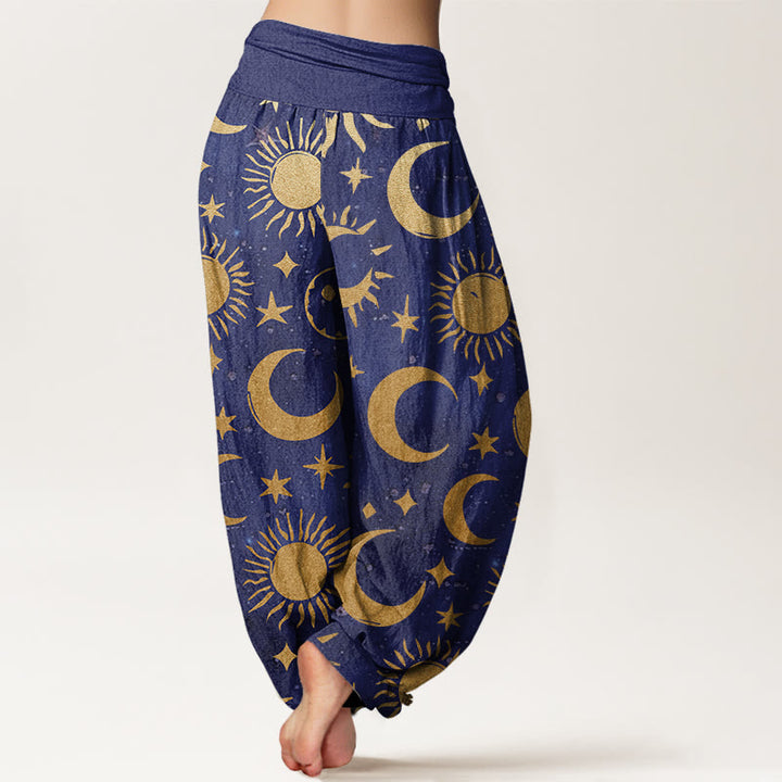 Pantaloni harem da donna con elastico in vita, in cotone, con motivo a mezzaluna, sole e stelle, motivo Buddha Stones - image 5