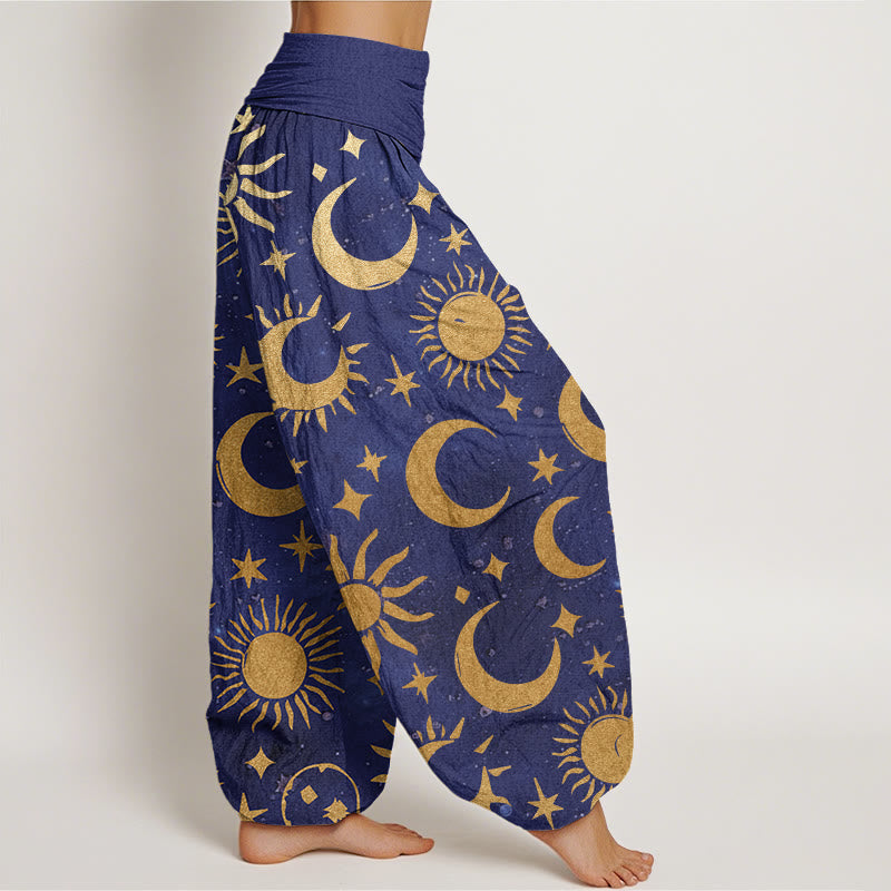 Pantaloni harem da donna con elastico in vita, in cotone, con motivo a mezzaluna, sole e stelle, motivo Buddha Stones - image 6