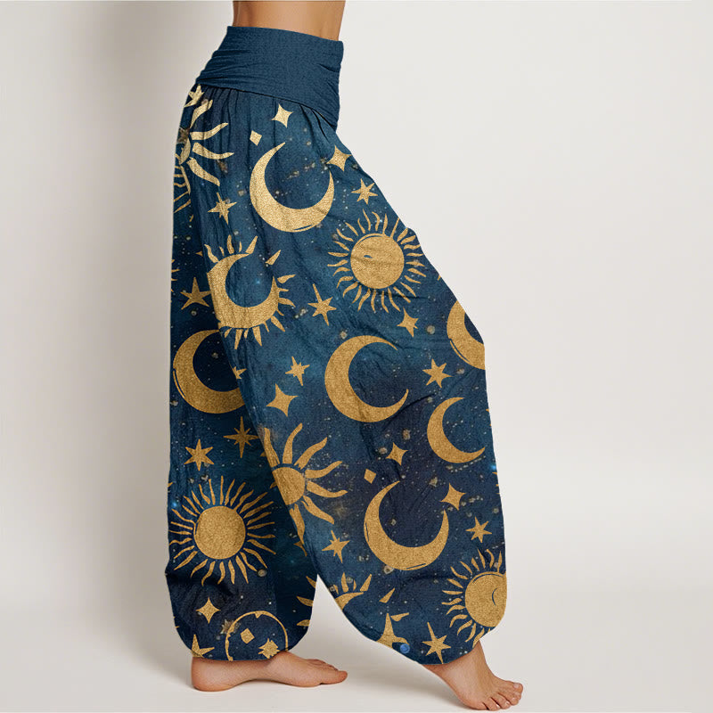 Pantaloni harem da donna con elastico in vita, in cotone, con motivo a mezzaluna, sole e stelle, motivo Buddha Stones - image 9