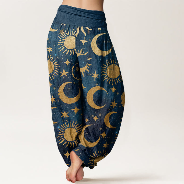 Pantaloni harem da donna con elastico in vita, in cotone, con motivo a mezzaluna, sole e stelle, motivo Buddha Stones - image 8