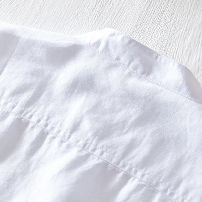 Camicia da uomo in cotone e lino a maniche corte con colletto alto, tinta unita, motivo Buddha Stones, con bottoni a metà - image 7