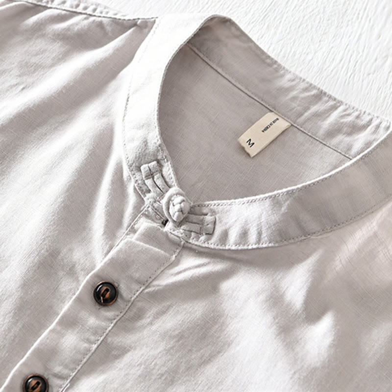 Camicia da uomo in cotone e lino a maniche corte con colletto alto, tinta unita, motivo Buddha Stones, con bottoni a metà - image 2