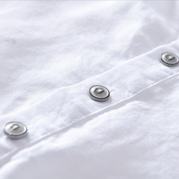 Camicia da uomo in cotone e lino a maniche corte con colletto alto, tinta unita, motivo Buddha Stones, con bottoni a metà - image 8