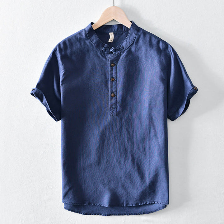 Camicia da uomo in cotone e lino a maniche corte con colletto alto, tinta unita, motivo Buddha Stones, con bottoni a metà - Marina - US/UK/AU46, EU56 (5XL) - image 10