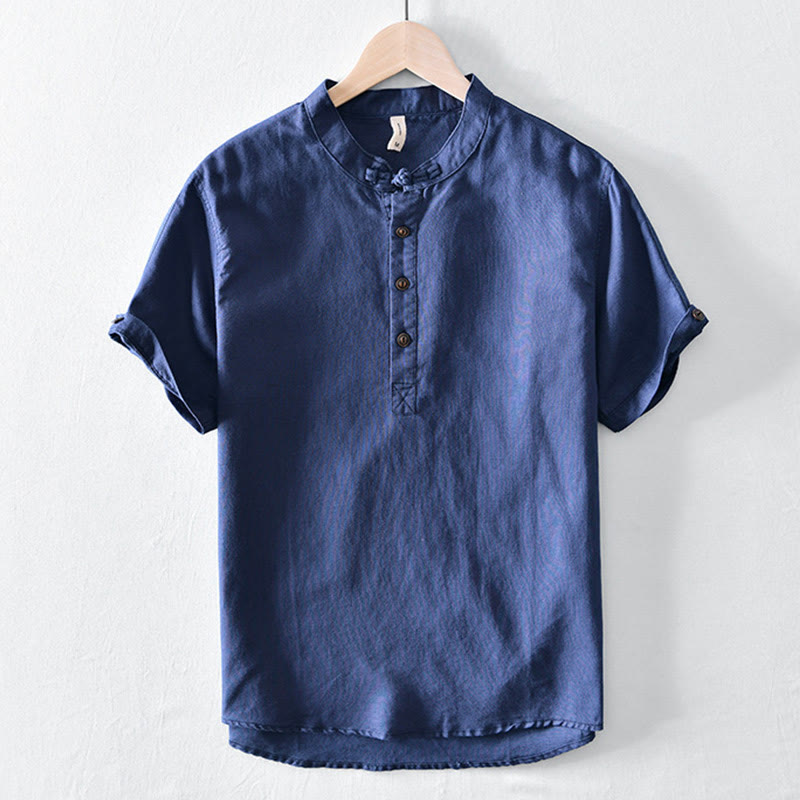 Camicia da uomo in cotone e lino a maniche corte con colletto alto, tinta unita, motivo Buddha Stones, con bottoni a metà - Marina - US/UK/AU46, EU56 (5XL) - image 10