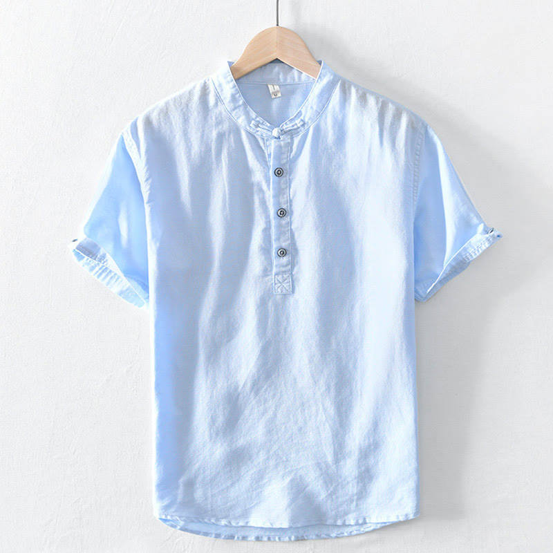Camicia da uomo in cotone e lino a maniche corte con colletto alto, tinta unita, motivo Buddha Stones, con bottoni a metà - Ciano chiaro - US/UK/AU46, EU56 (5XL) - image 18