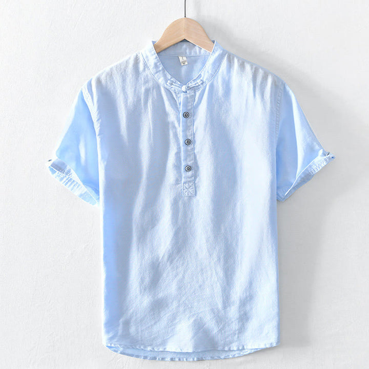 Camicia da uomo in cotone e lino a maniche corte con colletto alto, tinta unita, motivo Buddha Stones, con bottoni a metà - Ciano chiaro - US/UK/AU46, EU56 (5XL) - image 18