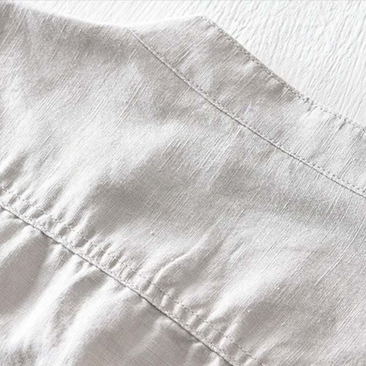 Camicia da uomo in cotone e lino a maniche corte con colletto alto, tinta unita, motivo Buddha Stones, con bottoni a metà - image 3