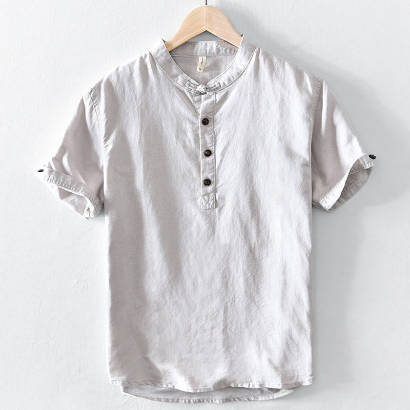 Camicia da uomo in cotone e lino a maniche corte con colletto alto, tinta unita, motivo Buddha Stones, con bottoni a metà - Biancheria - US/UK/AU46, EU56 (5XL) - image 0