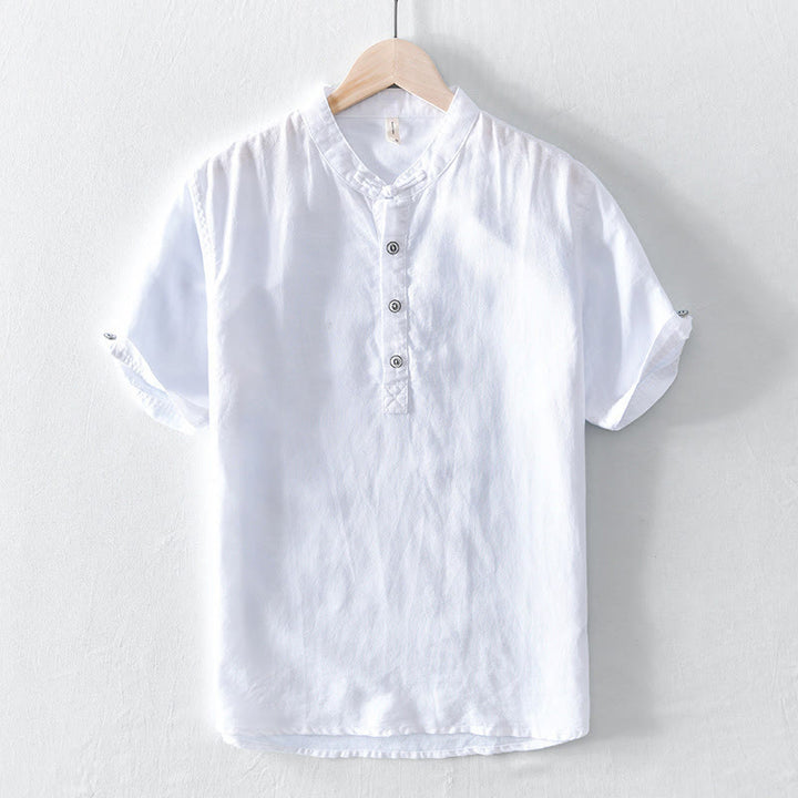 Camicia da uomo in cotone e lino a maniche corte con colletto alto, tinta unita, motivo Buddha Stones, con bottoni a metà - Bianco - US/UK/AU46, EU56 (5XL) - image 5
