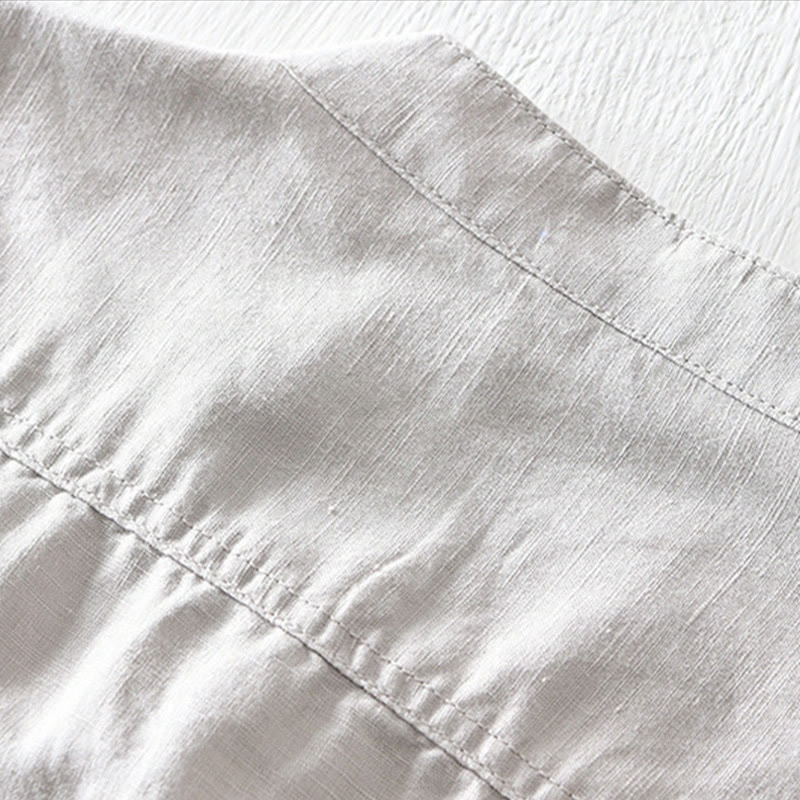 Camicia da uomo in cotone e lino a maniche corte con colletto alto, tinta unita, motivo Buddha Stones, con bottoni a metà - image 3