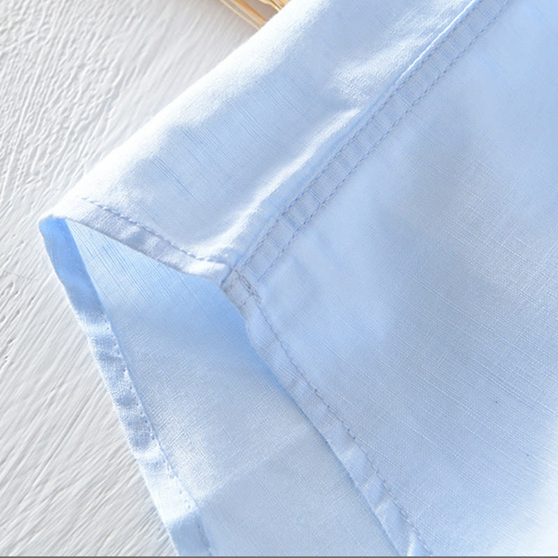 Camicia da uomo in cotone e lino a maniche corte con colletto alto, tinta unita, motivo Buddha Stones, con bottoni a metà - image 20