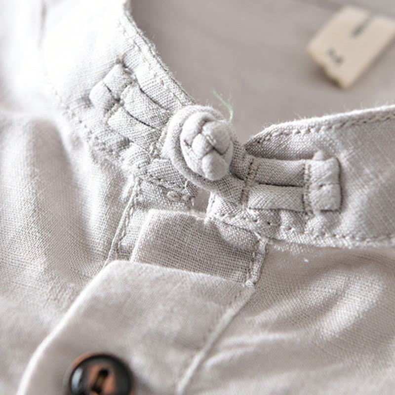 Camicia da uomo in cotone e lino a maniche corte con colletto alto, tinta unita, motivo Buddha Stones, con bottoni a metà - image 4