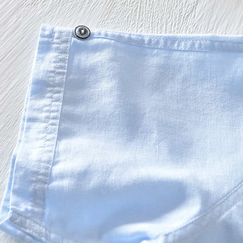 Camicia da uomo in cotone e lino a maniche corte con colletto alto, tinta unita, motivo Buddha Stones, con bottoni a metà - image 21