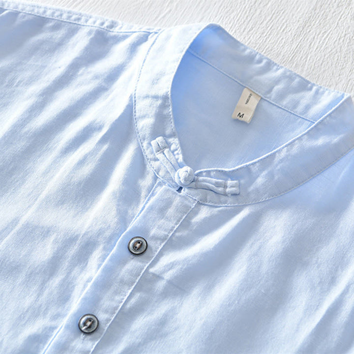 Camicia da uomo in cotone e lino a maniche corte con colletto alto, tinta unita, motivo Buddha Stones, con bottoni a metà - image 19