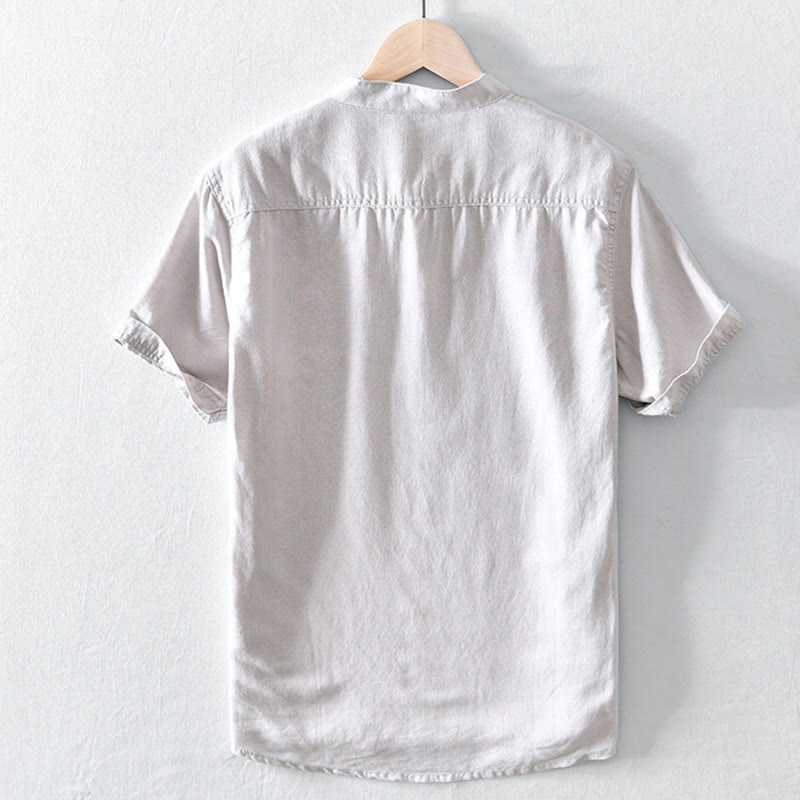 Camicia da uomo in cotone e lino a maniche corte con colletto alto, tinta unita, motivo Buddha Stones, con bottoni a metà - image 1