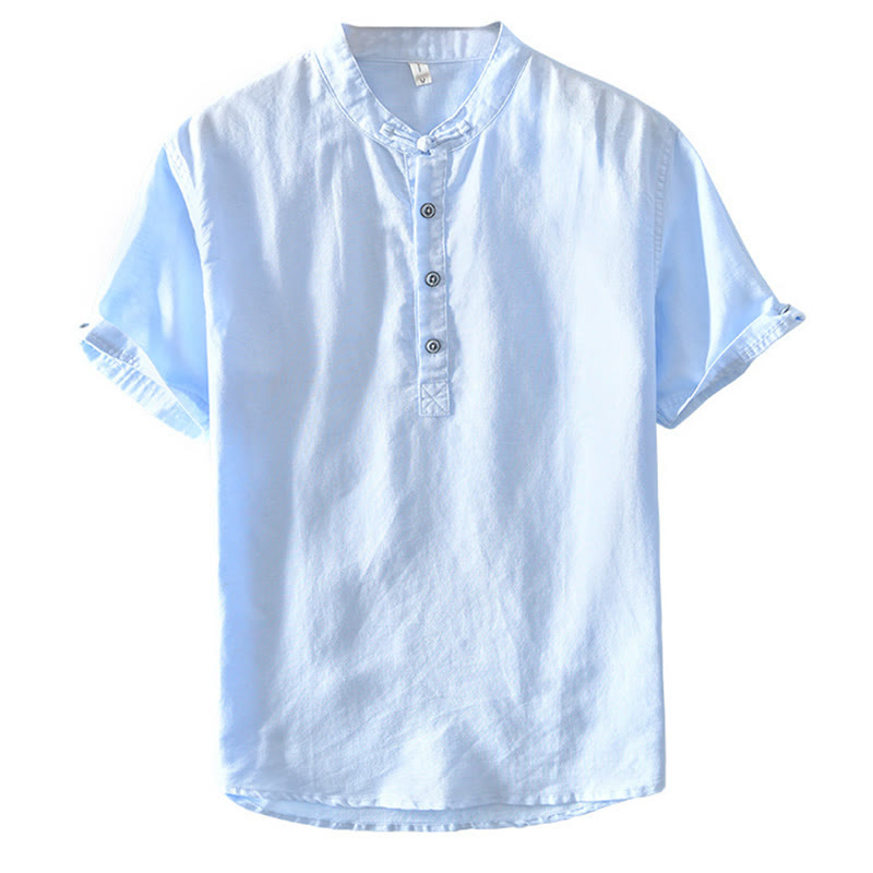 Camicia da uomo in cotone e lino a maniche corte con colletto alto, tinta unita, motivo Buddha Stones, con bottoni a metà - image 22