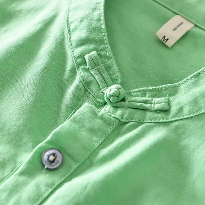 Camicia da uomo in cotone e lino a maniche corte con colletto alto, tinta unita, motivo Buddha Stones, con bottoni a metà - image 16
