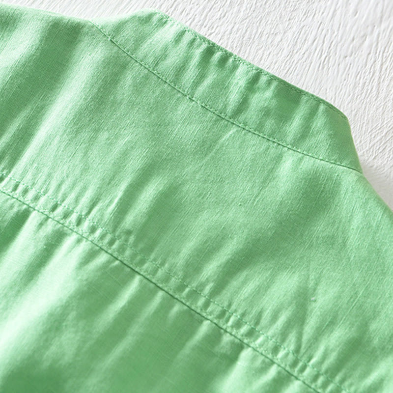 Camicia da uomo in cotone e lino a maniche corte con colletto alto, tinta unita, motivo Buddha Stones, con bottoni a metà - image 15