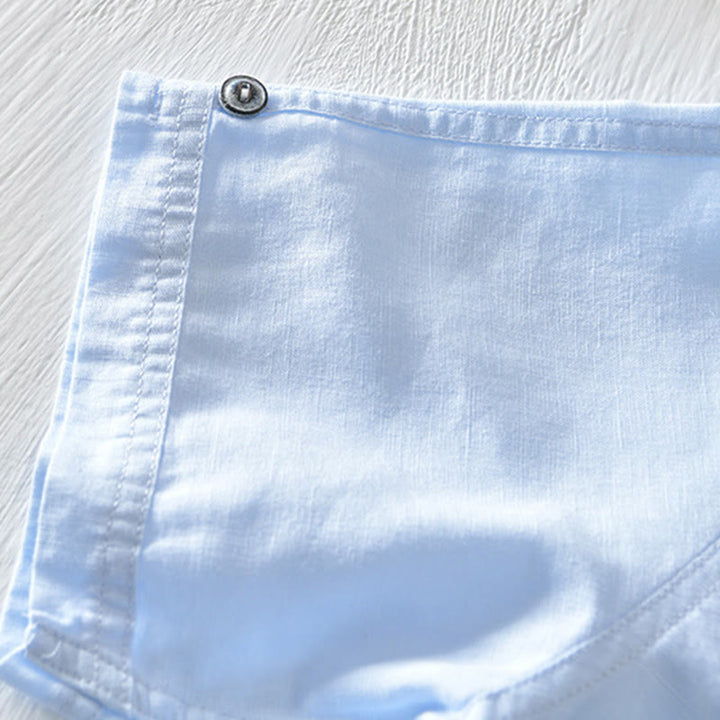 Camicia da uomo in cotone e lino a maniche corte con colletto alto, tinta unita, motivo Buddha Stones, con bottoni a metà - image 21