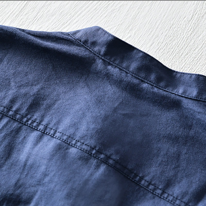 Camicia da uomo in cotone e lino a maniche corte con colletto alto, tinta unita, motivo Buddha Stones, con bottoni a metà - image 12