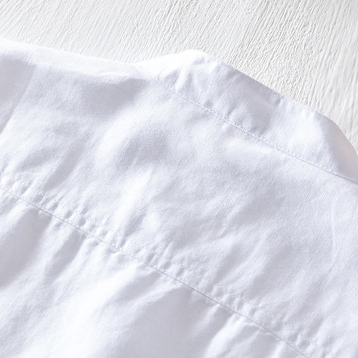 Camicia da uomo in cotone e lino a maniche corte con colletto alto, tinta unita, motivo Buddha Stones, con bottoni a metà - image 7