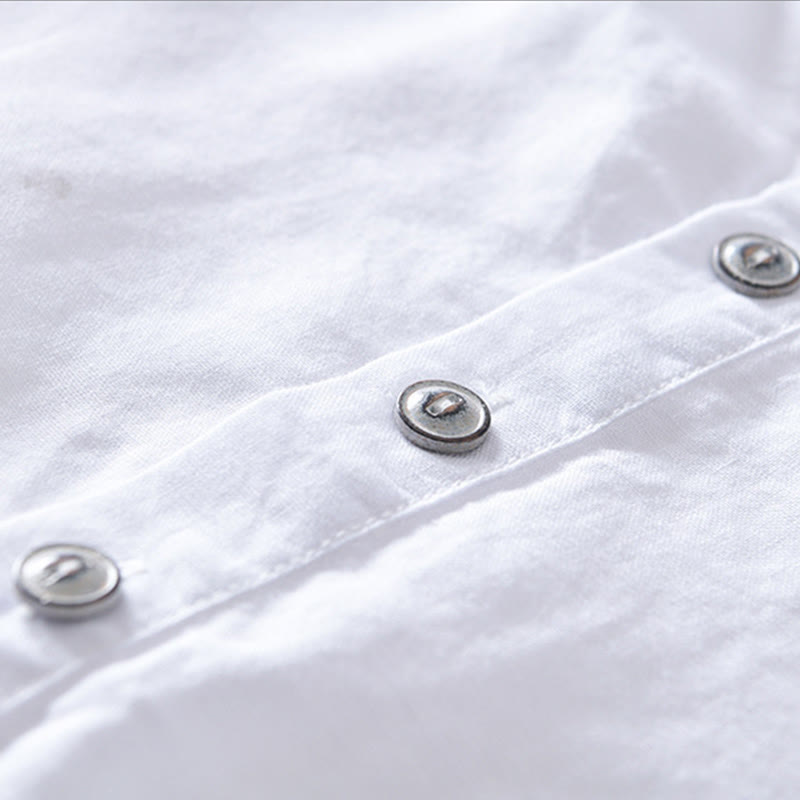 Camicia da uomo in cotone e lino a maniche corte con colletto alto, tinta unita, motivo Buddha Stones, con bottoni a metà - image 8