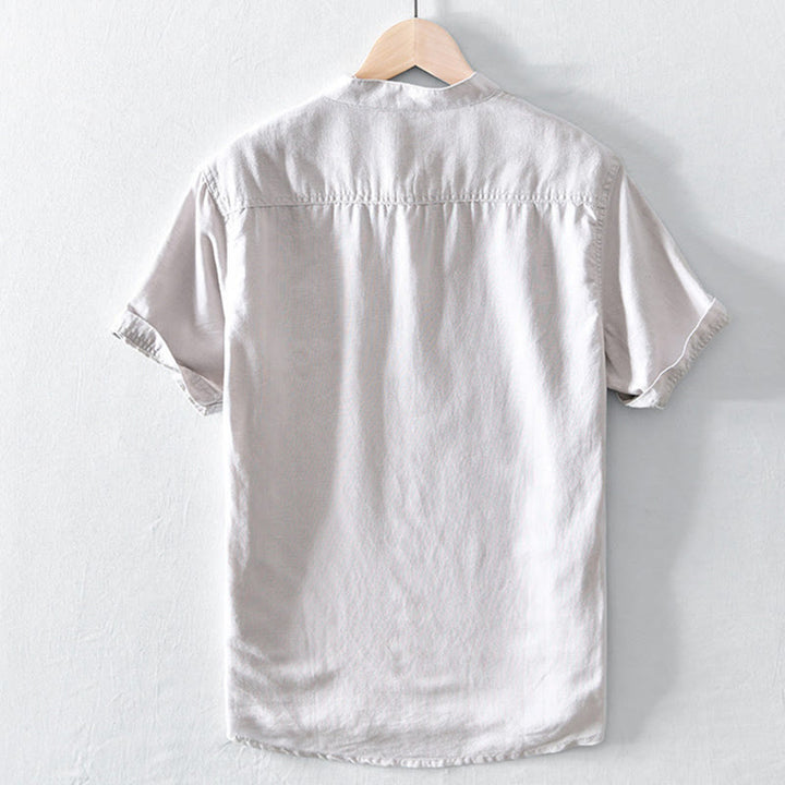 Camicia da uomo in cotone e lino a maniche corte con colletto alto, tinta unita, motivo Buddha Stones, con bottoni a metà - image 1