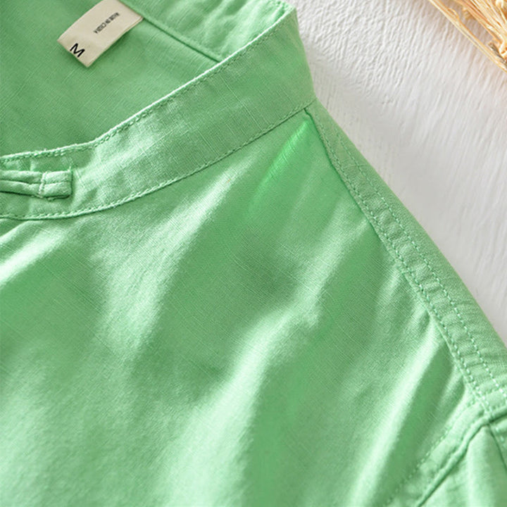 Camicia da uomo in cotone e lino a maniche corte con colletto alto, tinta unita, motivo Buddha Stones, con bottoni a metà - image 17