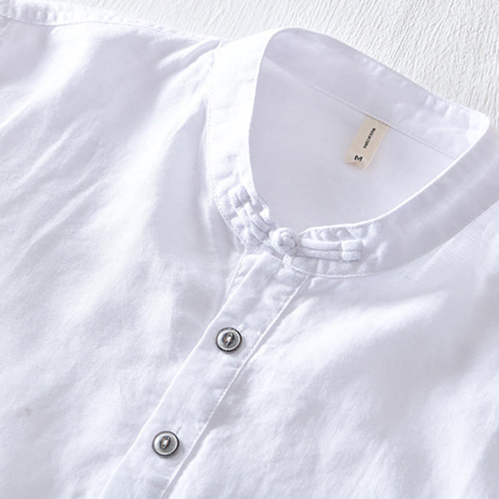 Camicia da uomo in cotone e lino a maniche corte con colletto alto, tinta unita, motivo Buddha Stones, con bottoni a metà - image 6